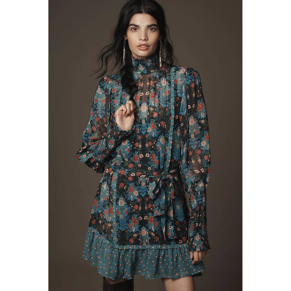 Farm Rio Arabesque Floral High Neck Mini Dress Blue Floral Tapestry NWT Size M